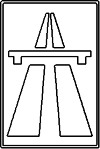 highway road sign, rectangular in shape, with two stripes (highway) with a bridge over it